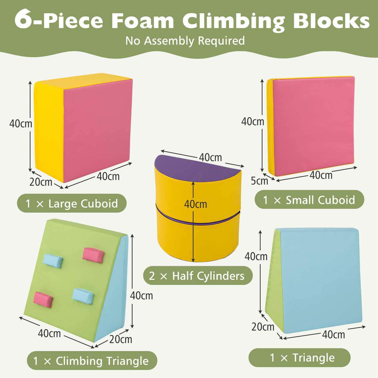 6-Piece Foam Climbing Blocks, Lightweight Soft Climbing Indoor Set with Hook and Loop Fasteners