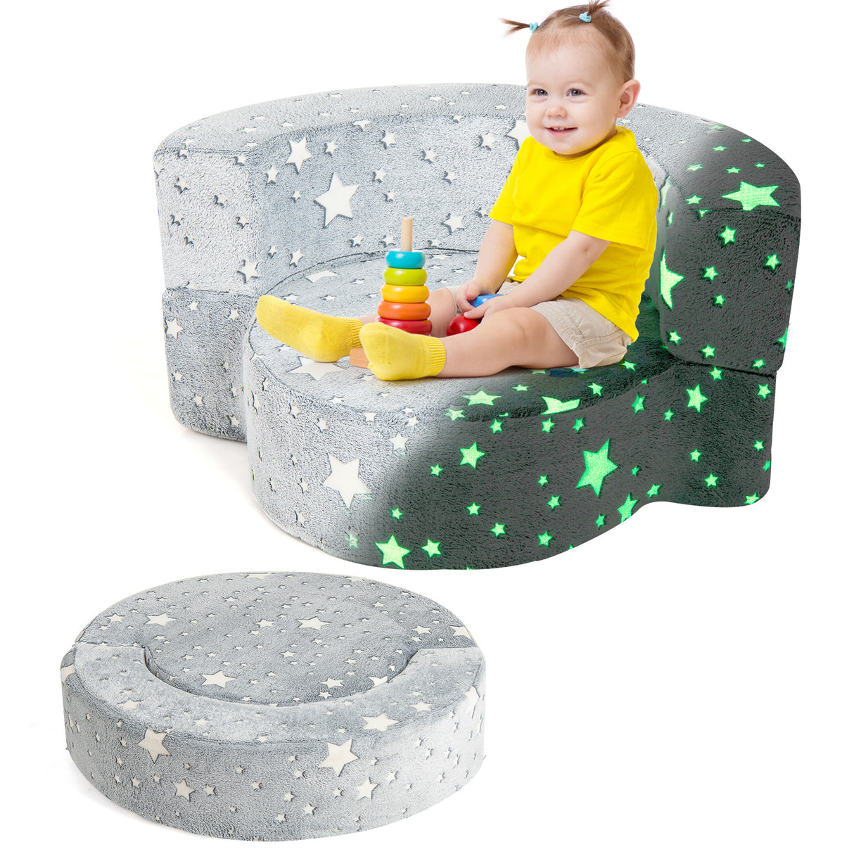 2-in-1 Toddler Chair, Glow in the Dark Kids Couch with Removable & Washable Cover, Plush Reading Chair for Children