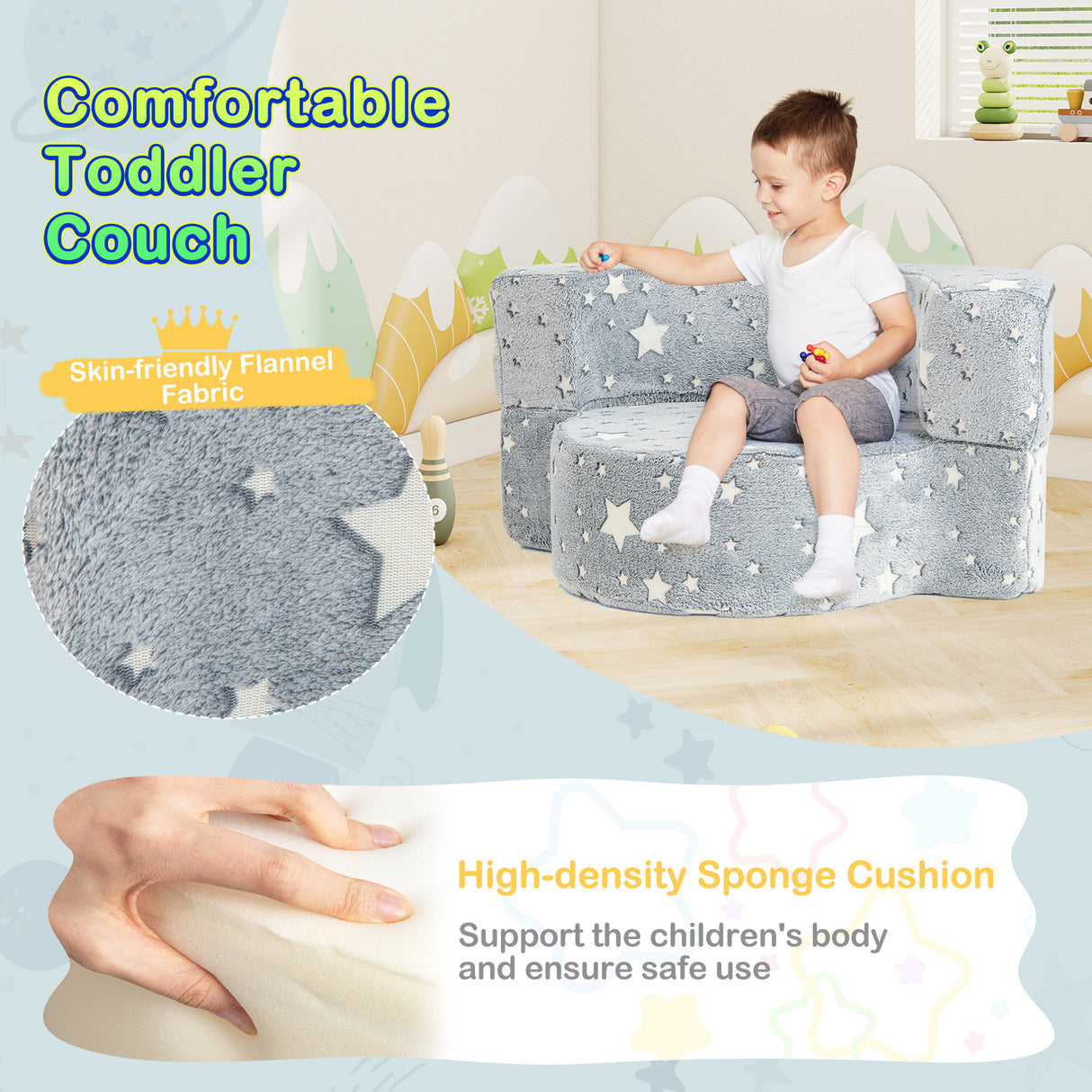 2-in-1 Toddler Chair, Glow in the Dark Kids Couch with Removable & Washable Cover, Plush Reading Chair for Children