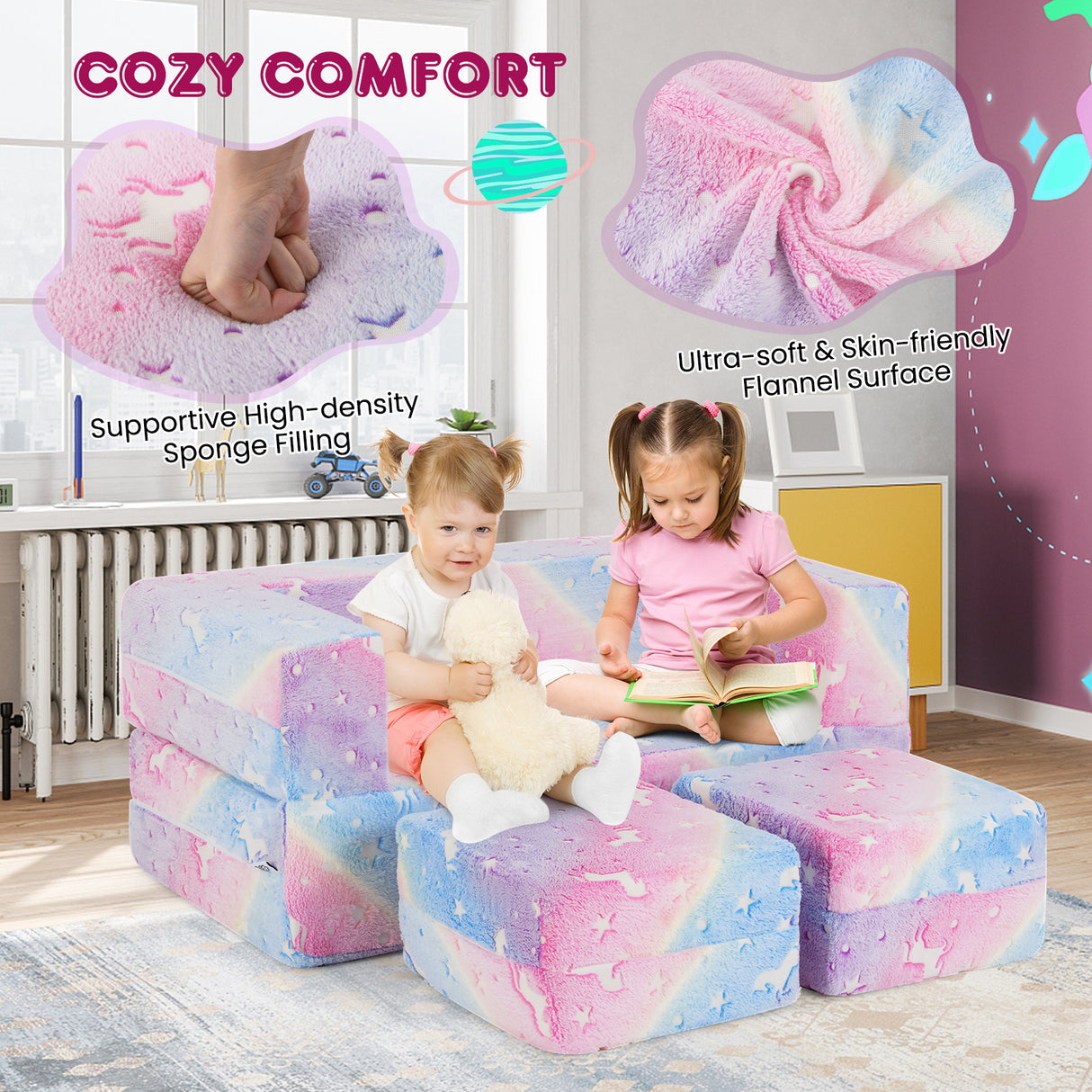 2 Seater Kids Play Couch, Glow in the Dark Modular Sofa Play Set for Toddlers, 3-in-1 Baby Fold out Sofa with Removable & Machine Washable Flannel Cover