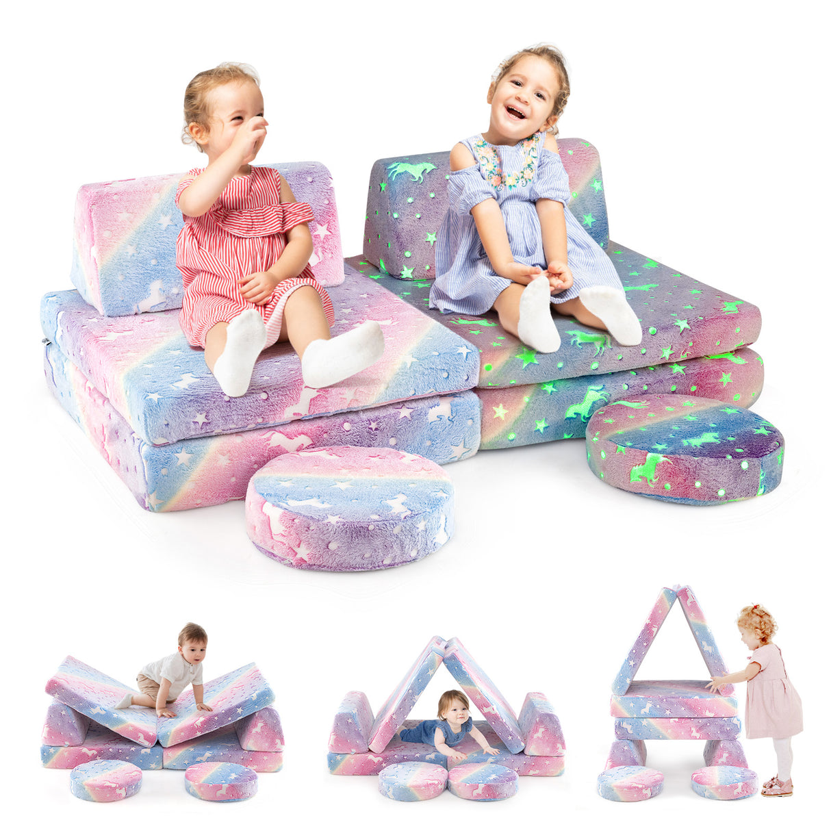 HONEY JOY Modular Kids Play Couch Set, 6 PCS Glow in The Dark Fold Out Children Sofa Couch Chair w/Machine-Washable Flannel Covers