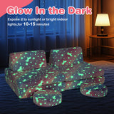 HONEY JOY Modular Kids Play Couch Set, 6 PCS Glow in The Dark Fold Out Children Sofa Couch Chair w/Machine-Washable Flannel Covers