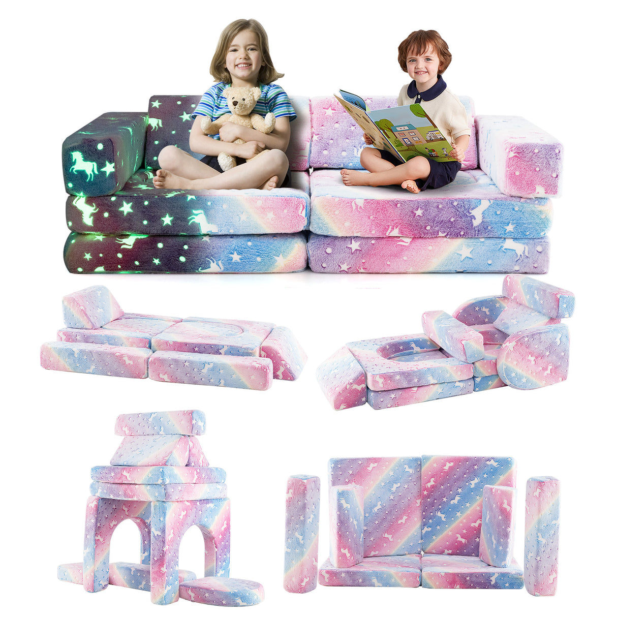 10 Pcs Modular Kids Play Couch, Toddler Sectional Sofa Glow in the Dark, Convertible Baby Sofa & Floor Cushion