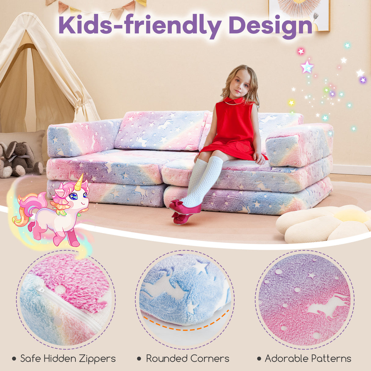 10 Pcs Modular Kids Play Couch, Toddler Sectional Sofa Glow in the Dark, Convertible Baby Sofa & Floor Cushion