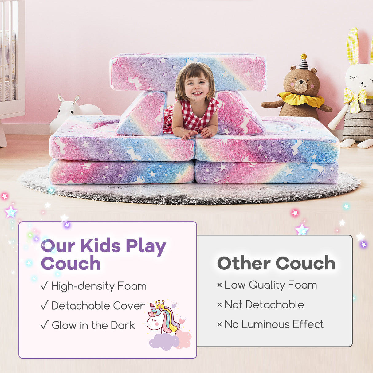 10 Pcs Modular Kids Play Couch, Toddler Sectional Sofa Glow in the Dark, Convertible Baby Sofa & Floor Cushion