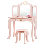 HONEY JOY 2-in-1 Kids Dressing Table & Stool Set, Toddler Wooden Vanity Table with Tri-Fold Mirror & Drawer