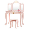 HONEY JOY 2-in-1 Kids Dressing Table & Stool Set, Toddler Wooden Vanity Table with Tri-Fold Mirror & Drawer