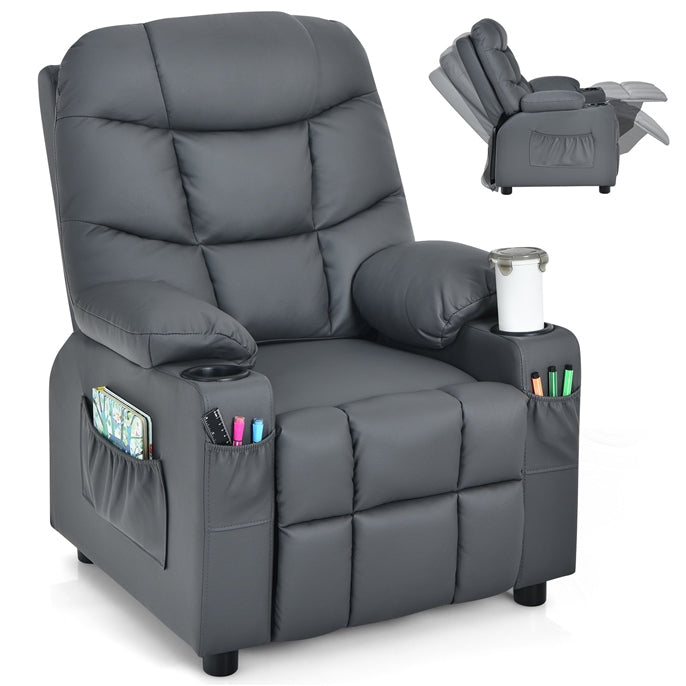 HONEY JOY Kids Recliner Chair with Cup Holder, Adjustable Leather Lounge Armchair w/Footrest Cup