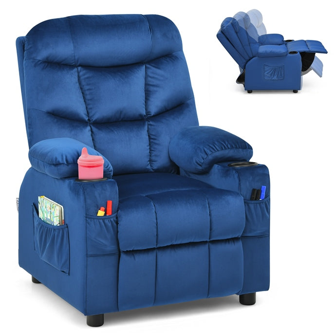 HONEY JOY Kids Recliner Chair with Cup Holder, Adjustable Velvet Lounge Chair w/Footrest & Side Pockets for Children Boys Girls Room