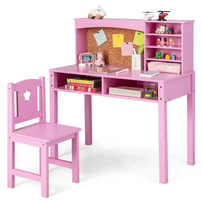 HONEY JOY Kids Table and Chair Set, Students Study Desk w/Chair, Hutch, Cork Bulletin Board, Bookshelf & Drawers