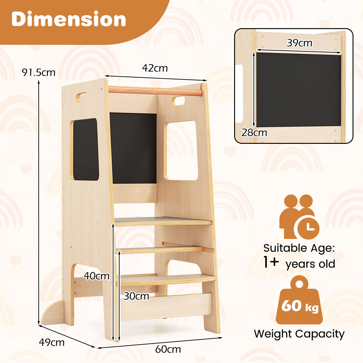 Toddler Kitchen Step Stool with Activity Chalkboard and Adjustable Height