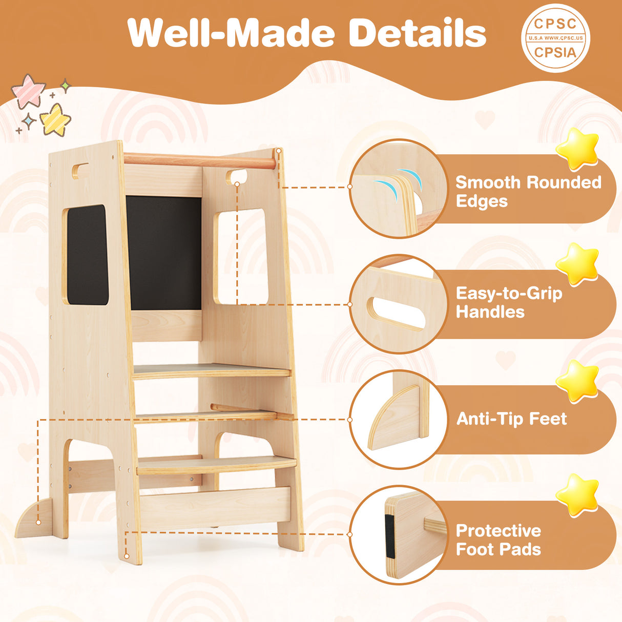 Toddler Kitchen Step Stool with Activity Chalkboard and Adjustable Height