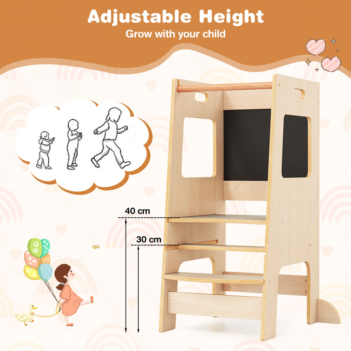 Toddler Kitchen Step Stool with Activity Chalkboard and Adjustable Height