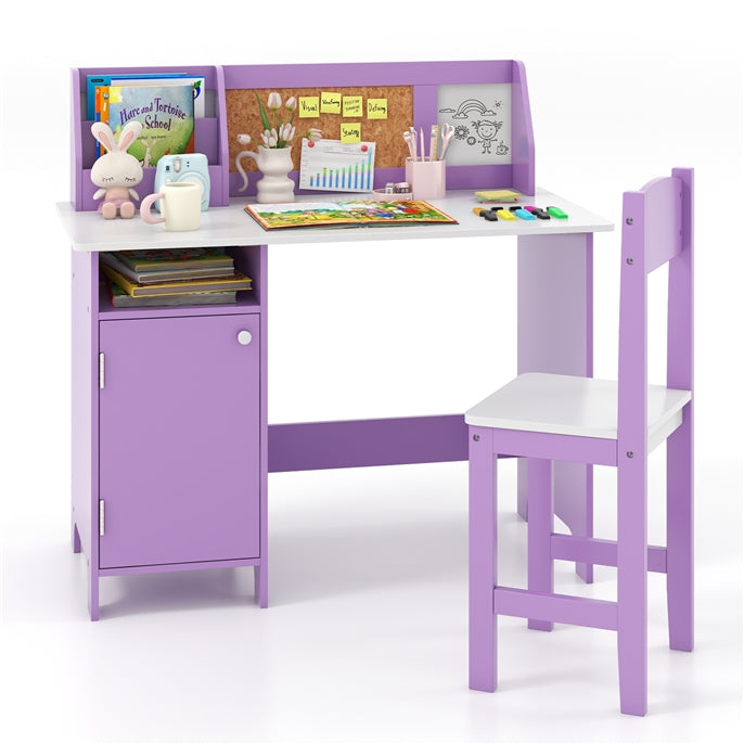 Kids Table and Chair Set Activity Play Study Desk w/Bookshelf & Storage Cabinet