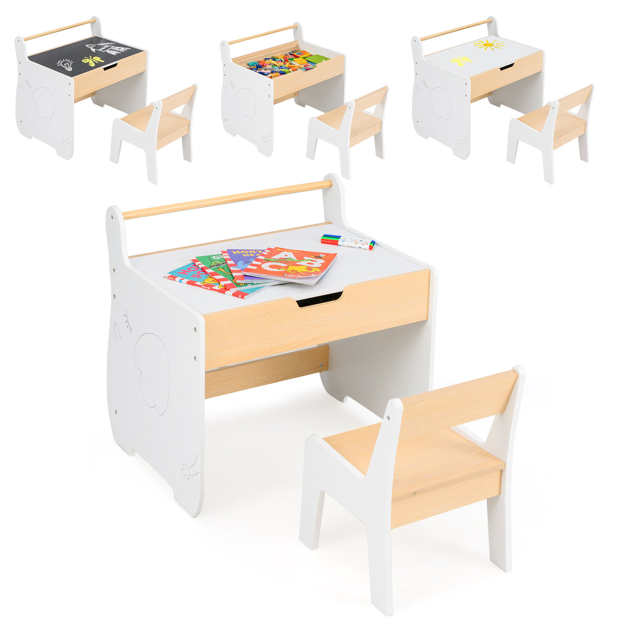 3 In 1 Kids Wood Table and Chair Set, Toddler Craft and Play Activity Desk w/ Detachable Tabletop