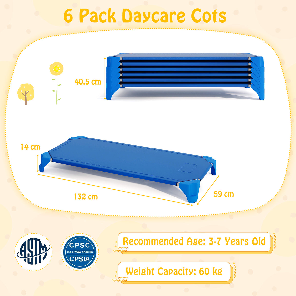 6-Pack Stackable Children’s Nap Time Cots, Space-Saving Daycare Cots w/Metal Frame, Oxford Cloth