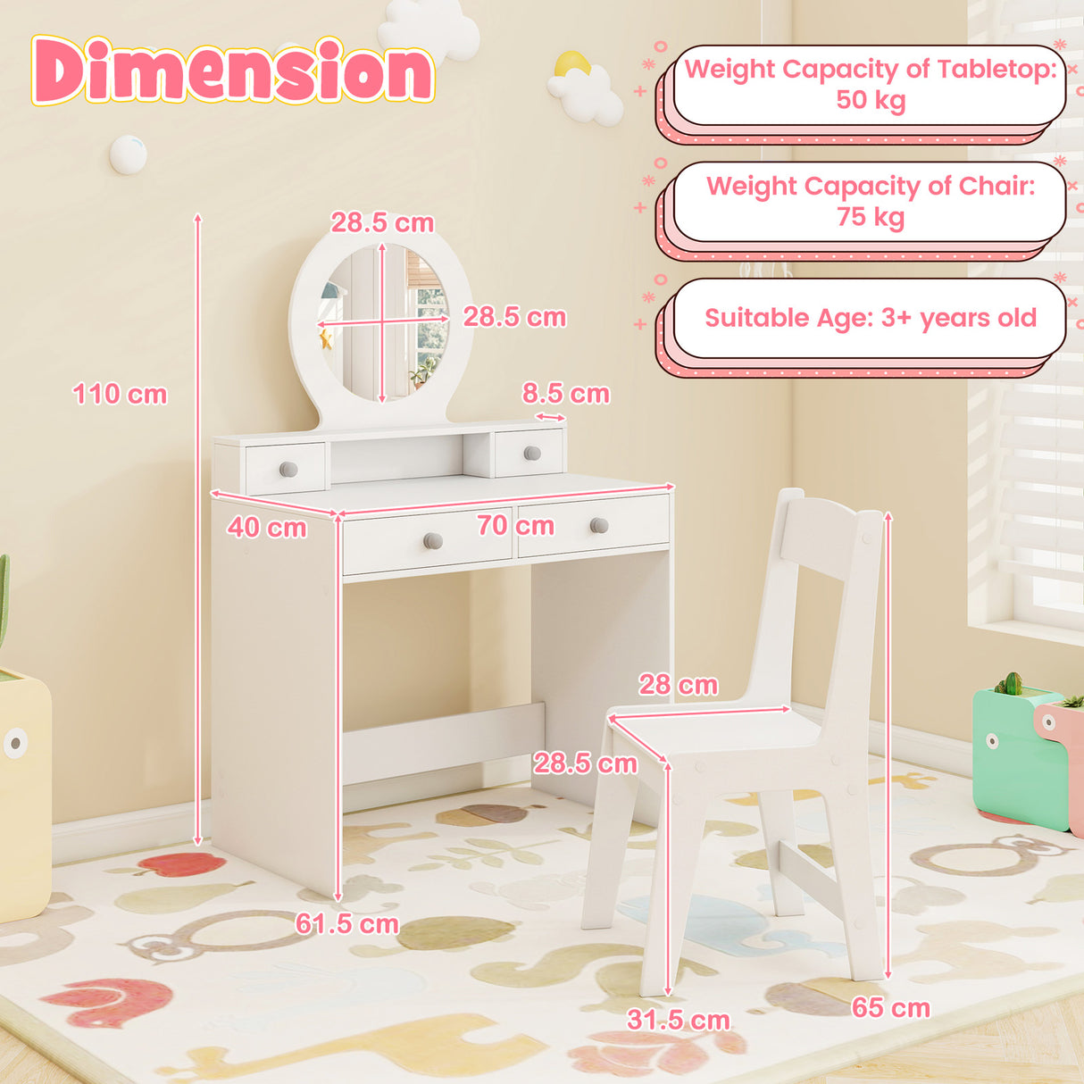 HONEY JOY Kids Vanity Set with Mirror, Princess Makeup Dressing Desk and Chair Set with Mirror