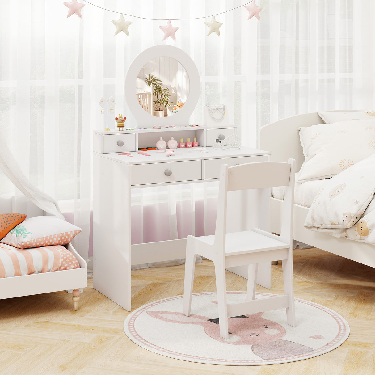 HONEY JOY Kids Vanity Set with Mirror, Princess Makeup Dressing Desk and Chair Set with Mirror