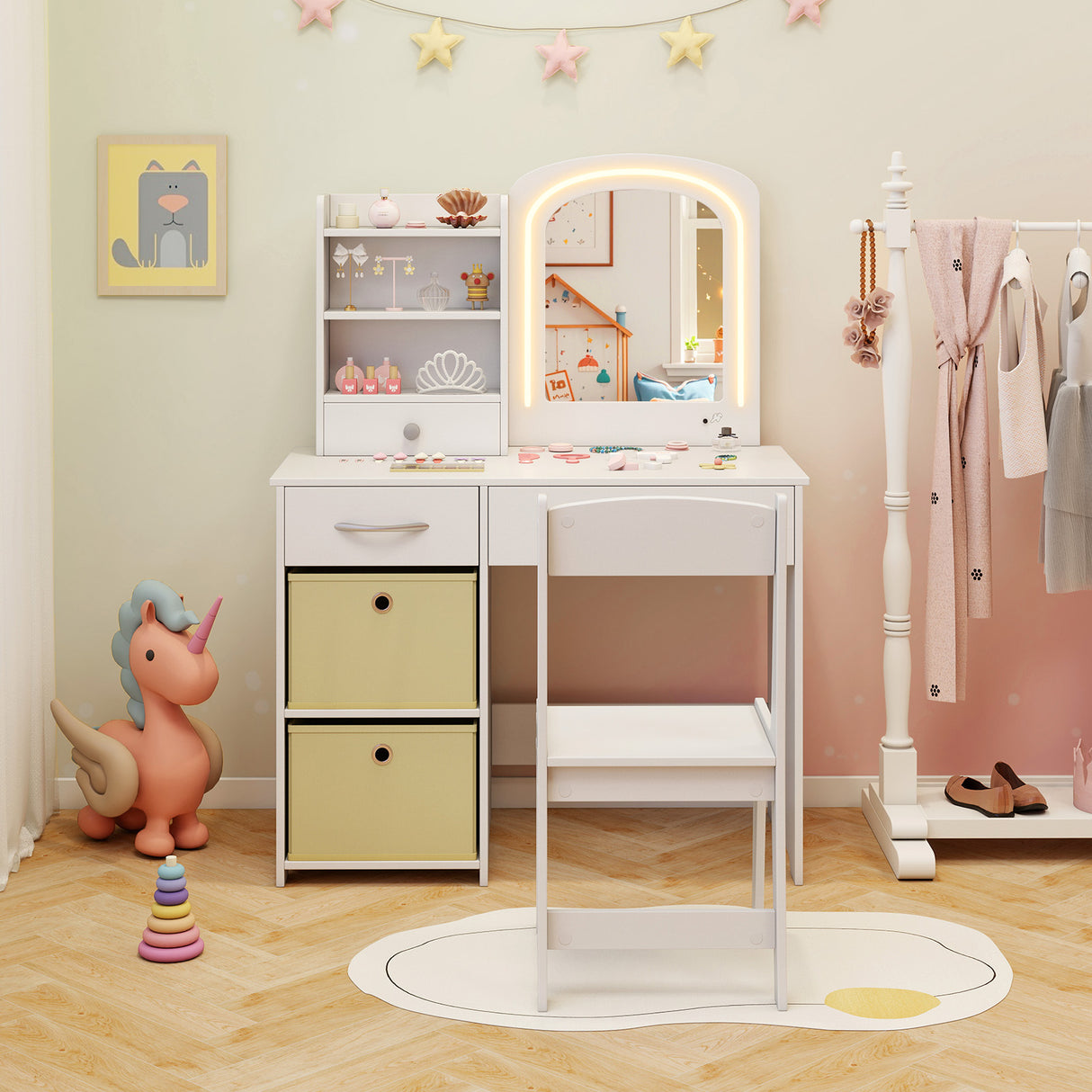 HONEY JOY Kids Vanity Set with 2 Color Lighted Mirror, Princess Makeup Desk and Chair Set with Mirror and Lights