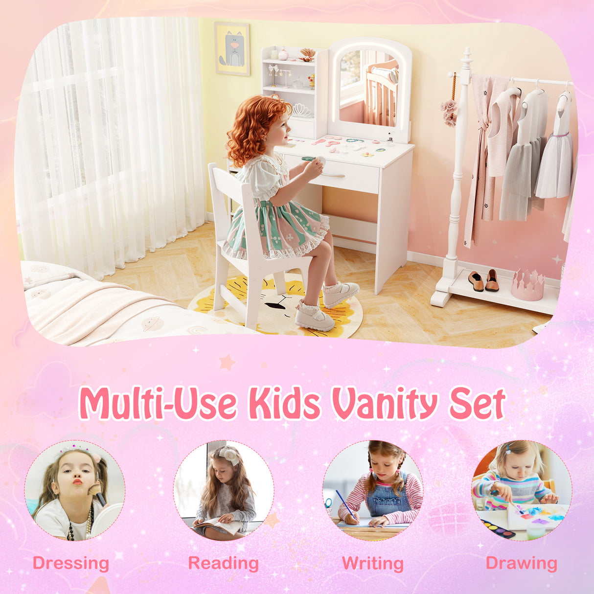 HONEY JOY Kids Vanity Set with 2 Color Lighted Mirror, Princess Makeup Desk and Chair Set with Mirror and Lights