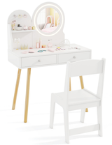 Kids Vanity Set, Princess Dressing Table with Chair, 2-Color Front Lit Mirror, 2 Drawers, Open Storage Shelve