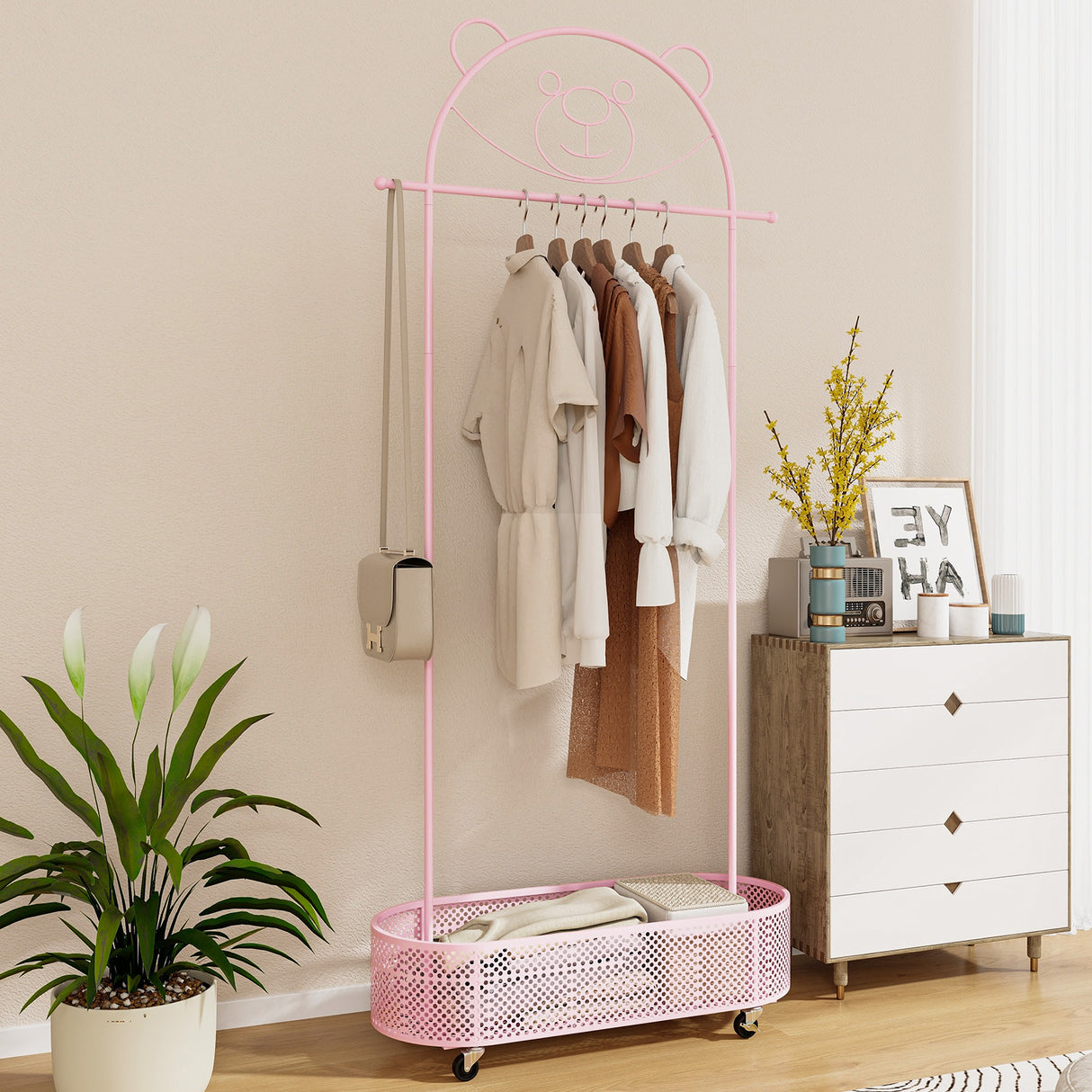 Kid Clothes Rack Home Freestanding Clothes Rack on Wheels w/3 Adjustable Heights