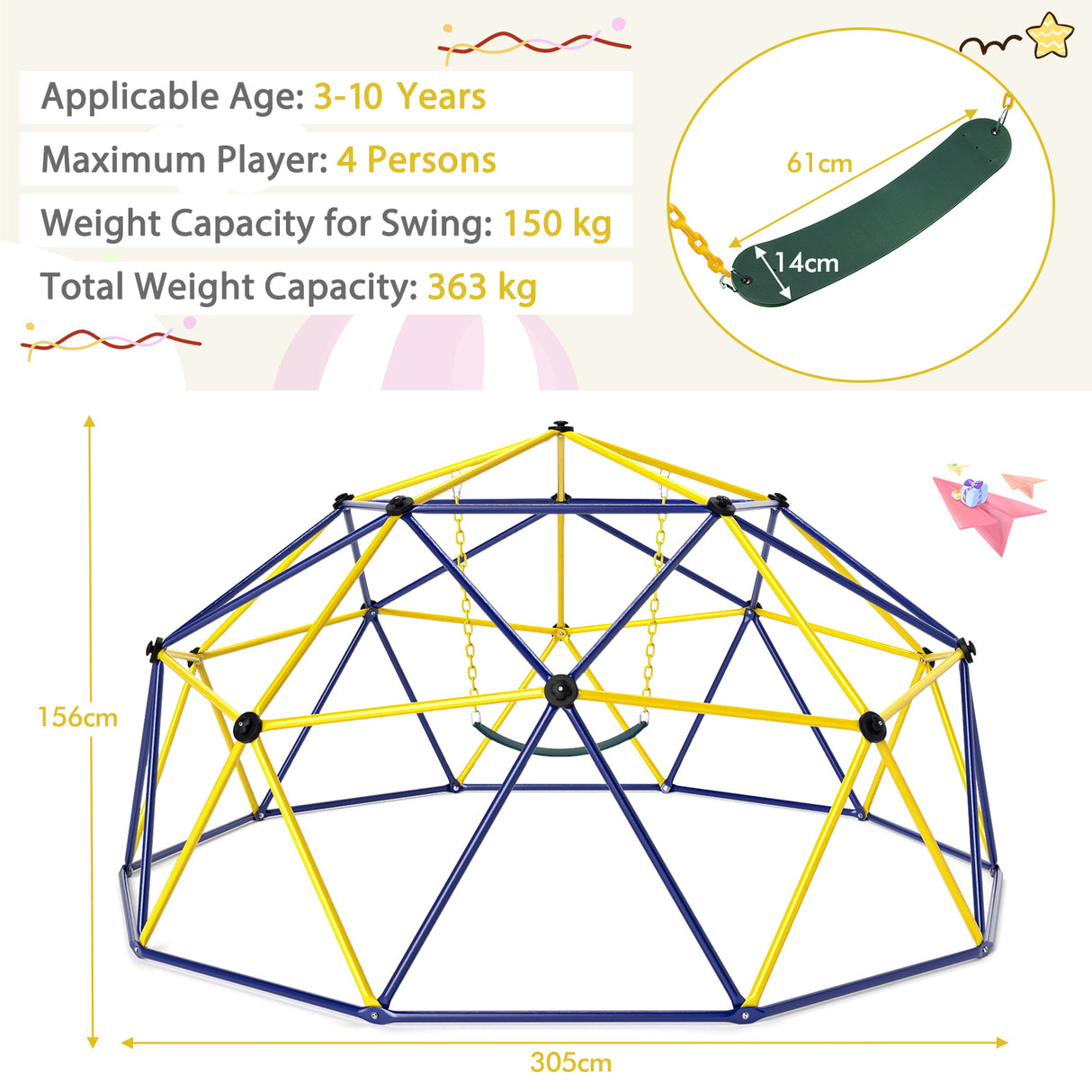 Climbing Dome with Swing, 10FT Kids Jungle Gym Monkey Bar Climbing Toys for Outdoor, Holds up to 363 KG