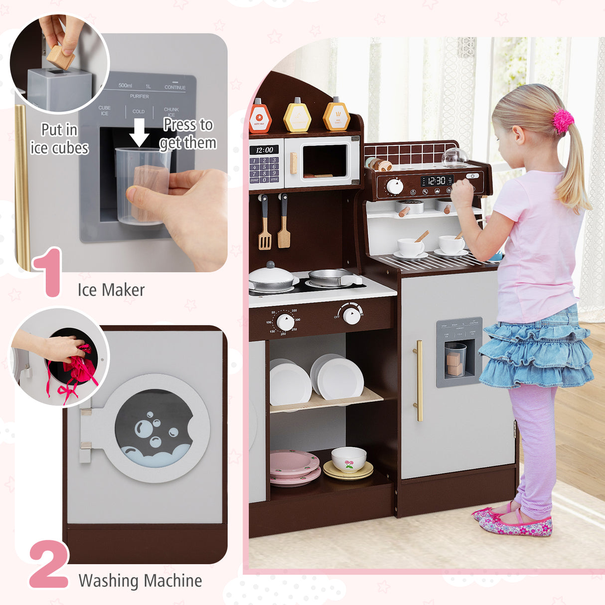 Wooden Kitchen Playset with Clock, Microwave, Sink, Dish Rack, Washing Machine, Ice & Coffee Makers