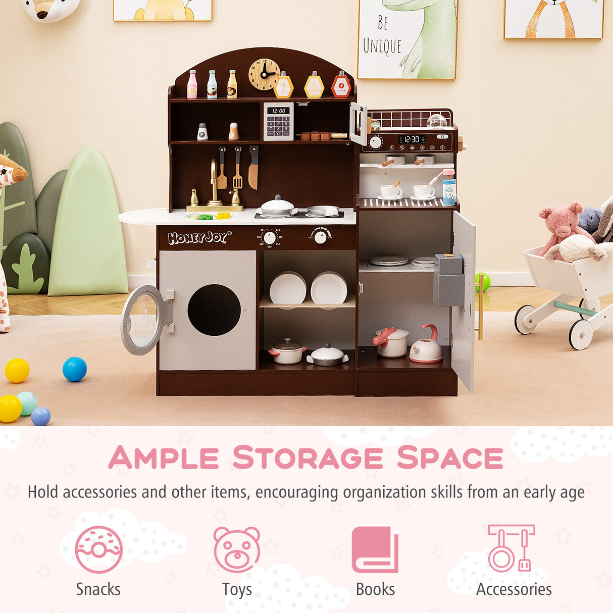 Wooden Kitchen Playset with Clock, Microwave, Sink, Dish Rack, Washing Machine, Ice & Coffee Makers