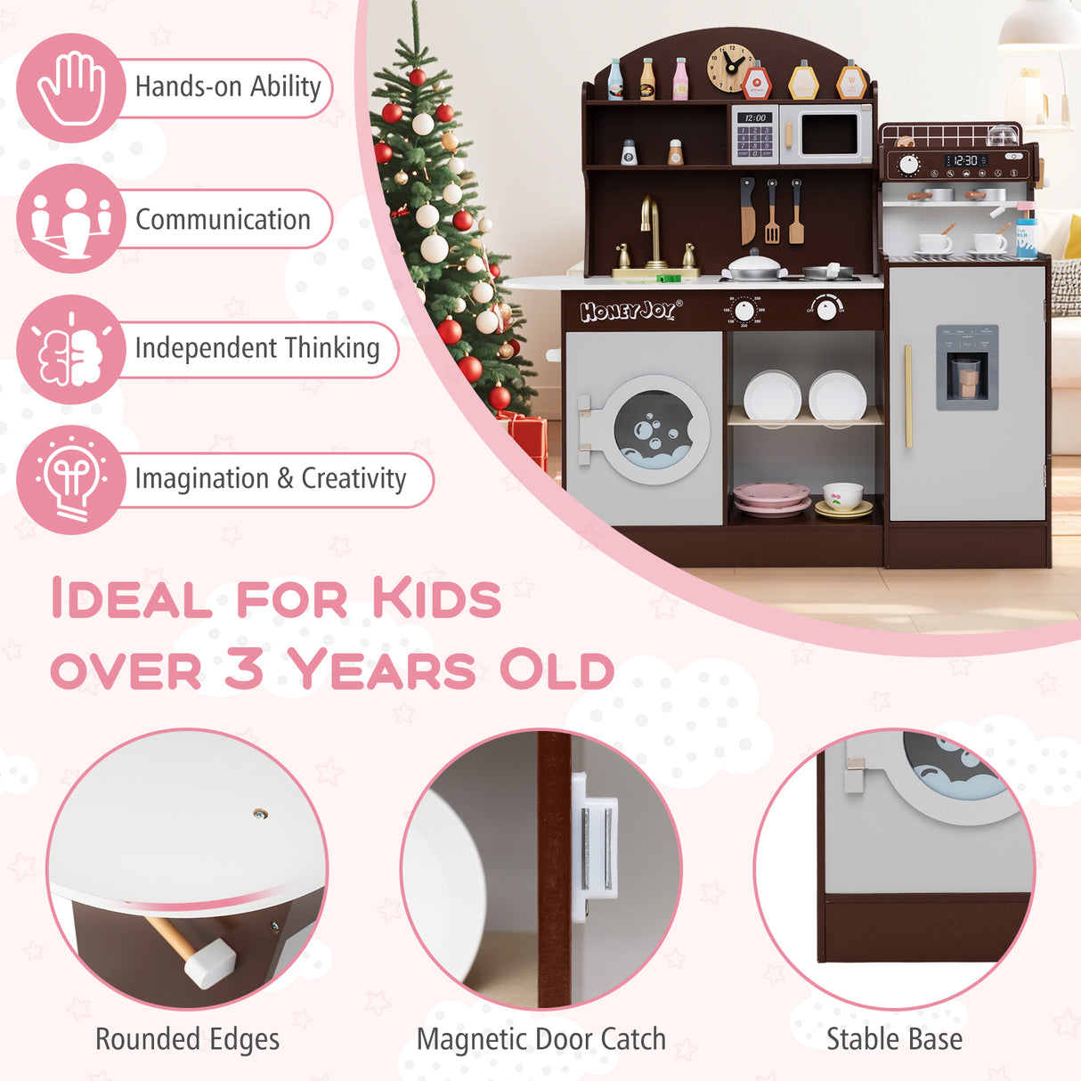 Wooden Kitchen Playset with Clock, Microwave, Sink, Dish Rack, Washing Machine, Ice & Coffee Makers