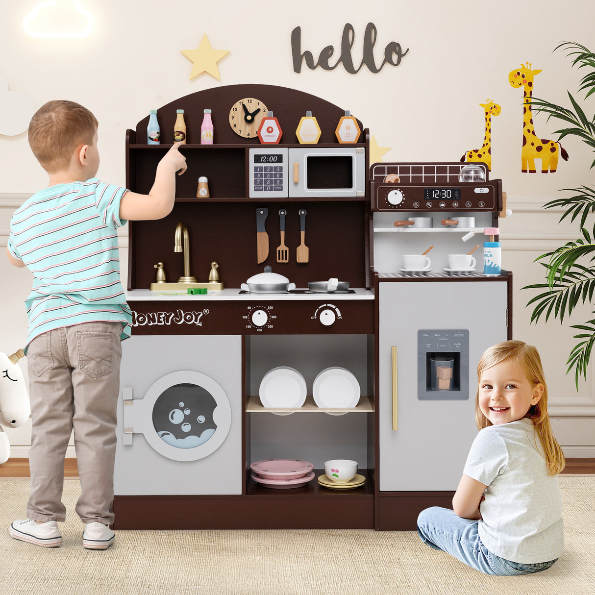 Wooden Kitchen Playset with Clock, Microwave, Sink, Dish Rack, Washing Machine, Ice & Coffee Makers