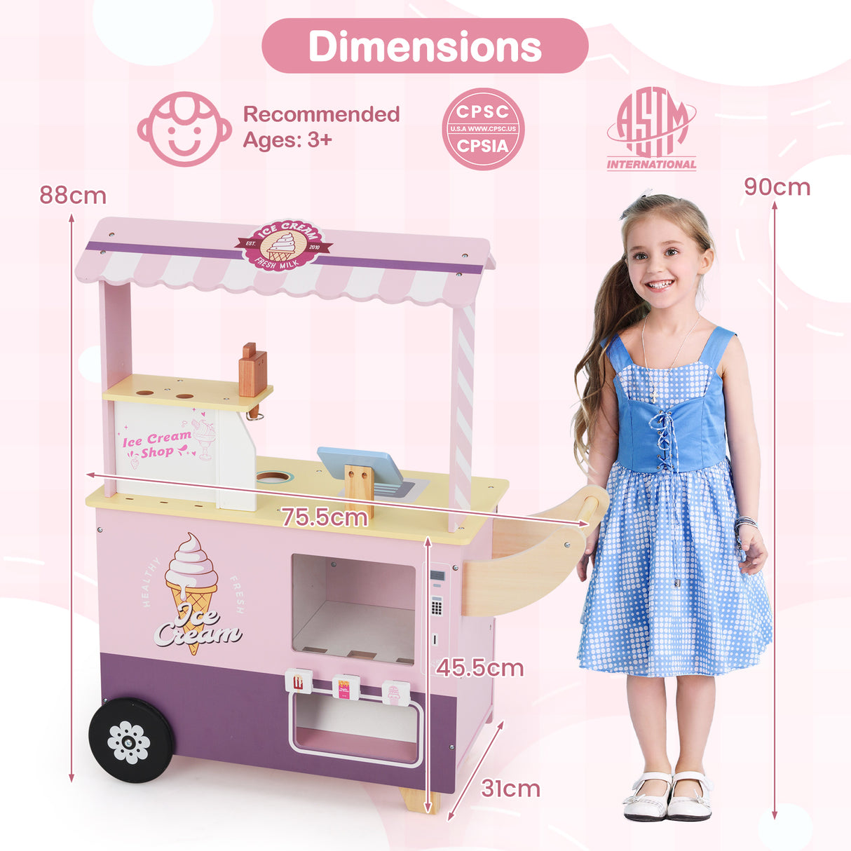 HONEY JOY Kids Ice Cream Cart, Ice Cream Truck Pretend Play Set with Vending Machine & Ice Cream Maker Toys