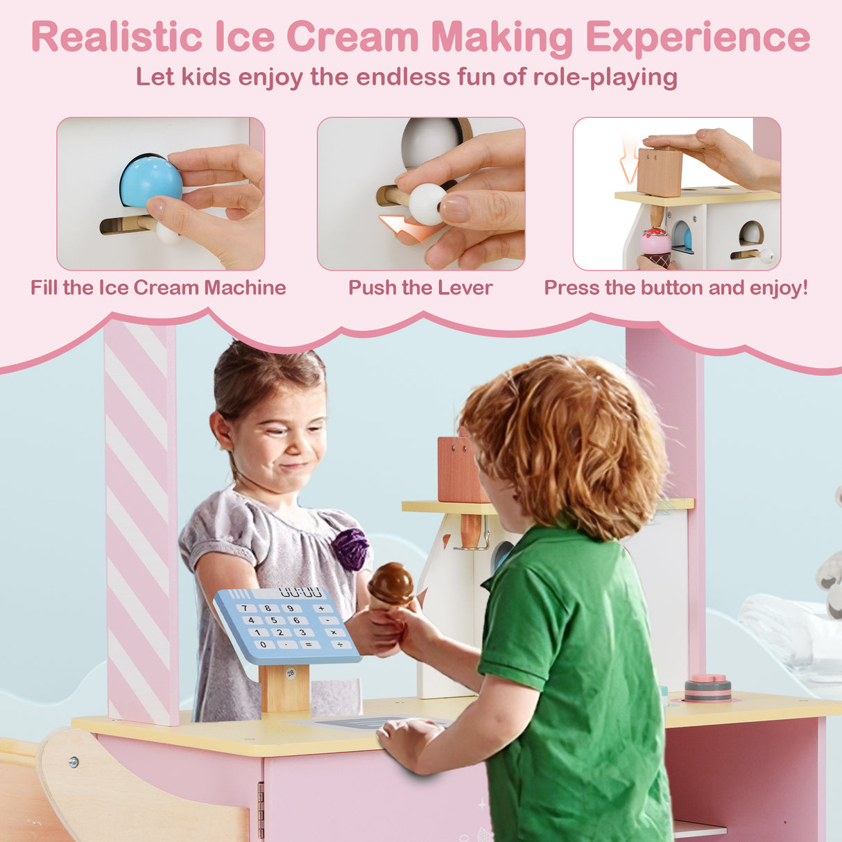 HONEY JOY Kids Ice Cream Cart, Ice Cream Truck Pretend Play Set with Vending Machine & Ice Cream Maker Toys