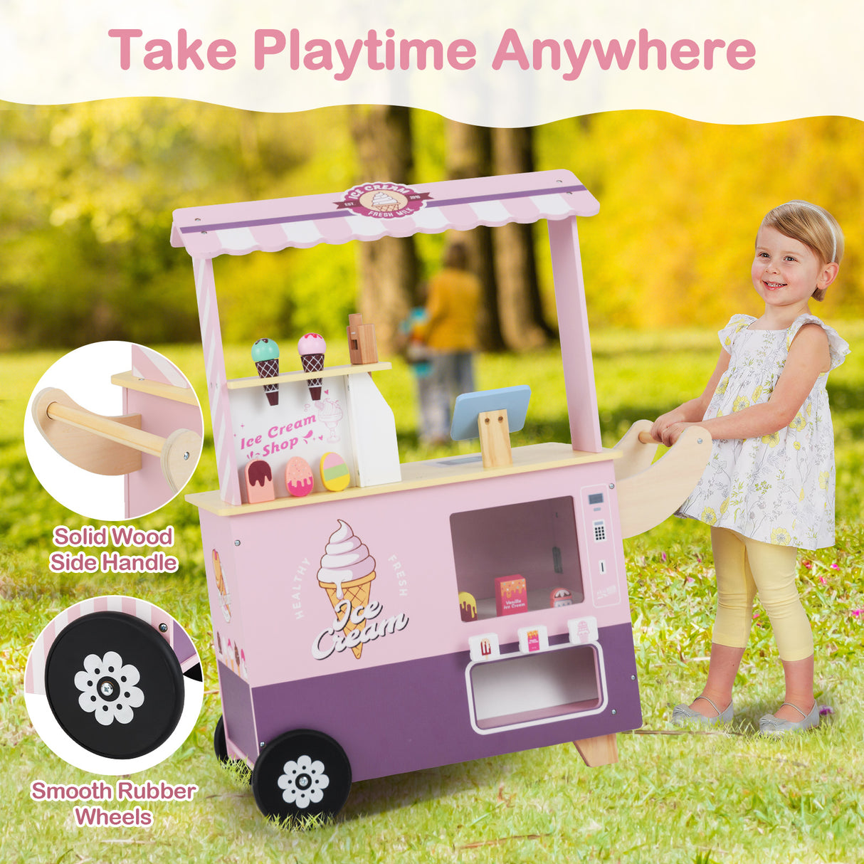 HONEY JOY Kids Ice Cream Cart, Ice Cream Truck Pretend Play Set with Vending Machine & Ice Cream Maker Toys