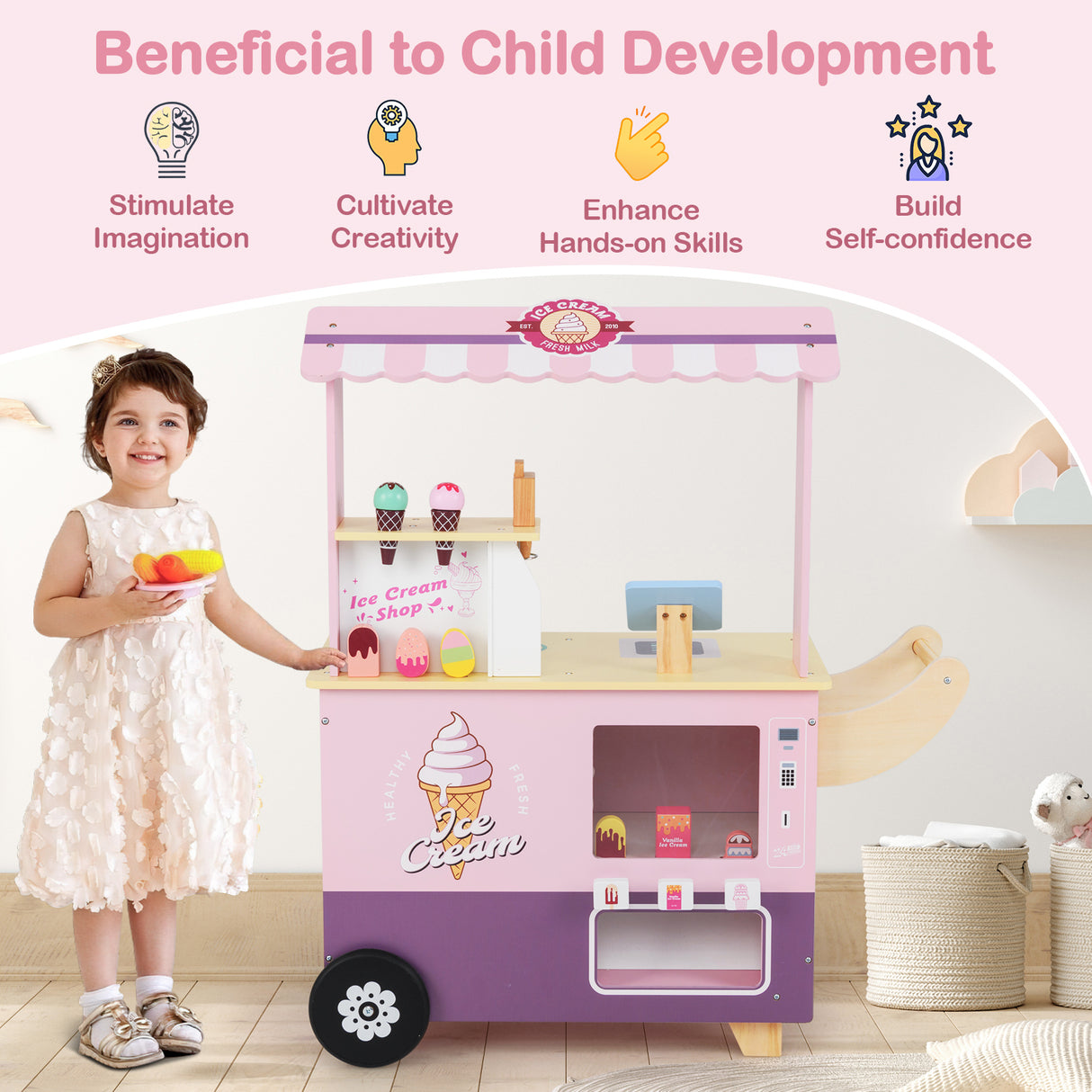 HONEY JOY Kids Ice Cream Cart, Ice Cream Truck Pretend Play Set with Vending Machine & Ice Cream Maker Toys