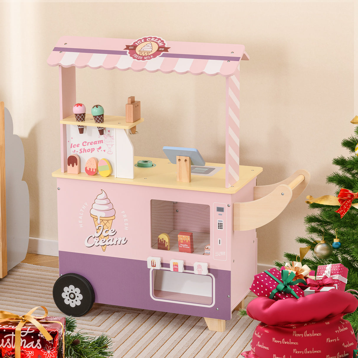 HONEY JOY Kids Ice Cream Cart, Ice Cream Truck Pretend Play Set with Vending Machine & Ice Cream Maker Toys