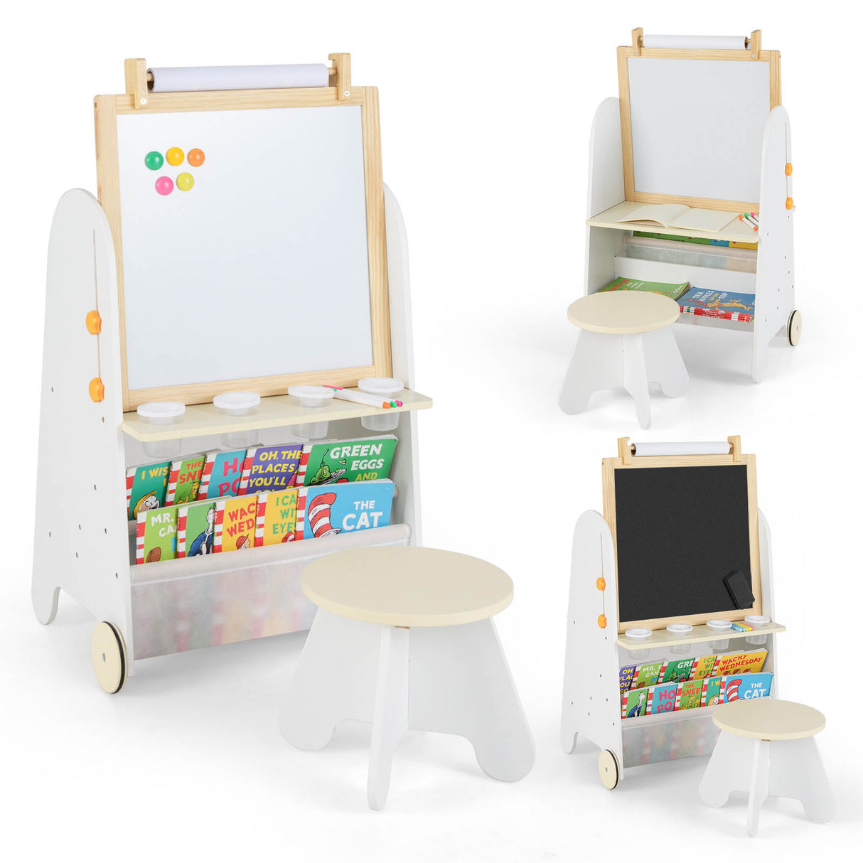 Height Adjustable Kids Art Easel with Stool, 4-in-1 Toddler Activity Table Set with Magnetic Whiteboard, Chalk Board, Bookshelves