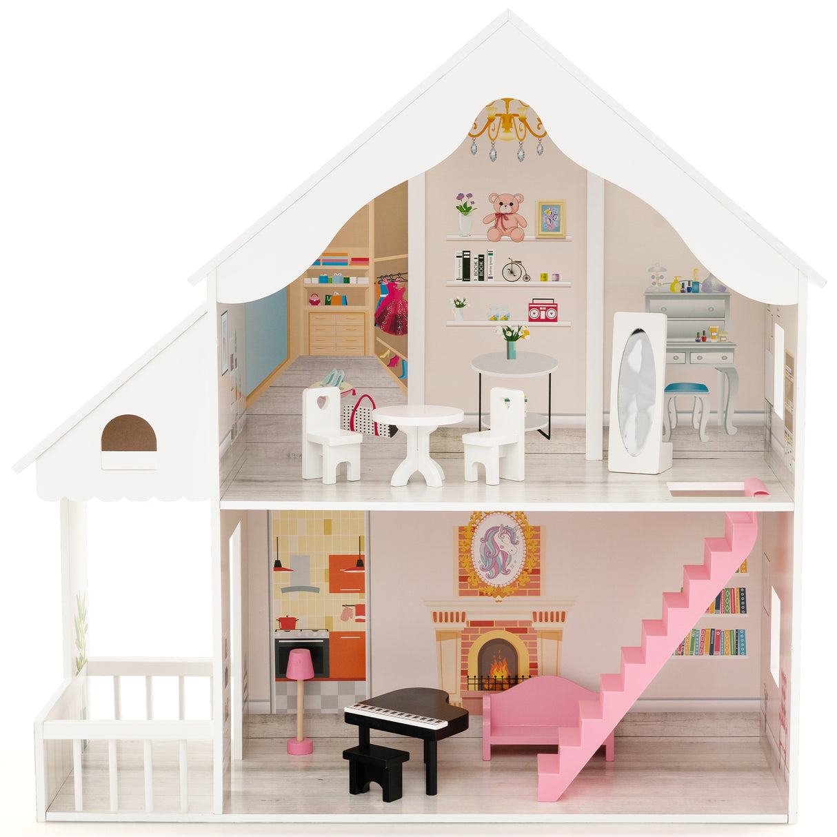 HONEY JOY Kids Wooden Dollhouse 2-in-1 Cottage Dollhouse Bookcase w/6 Rooms