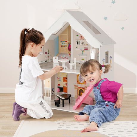 HONEY JOY Kids Wooden Dollhouse 2-in-1 Cottage Dollhouse Bookcase w/6 Rooms