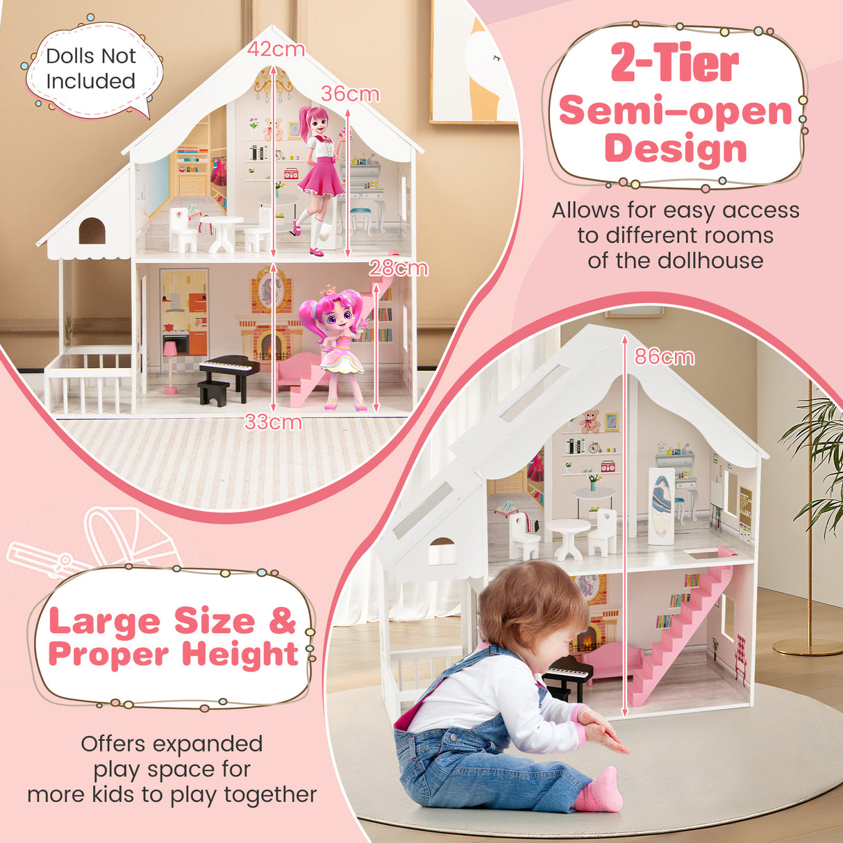 HONEY JOY Kids Wooden Dollhouse 2-in-1 Cottage Dollhouse Bookcase w/6 Rooms