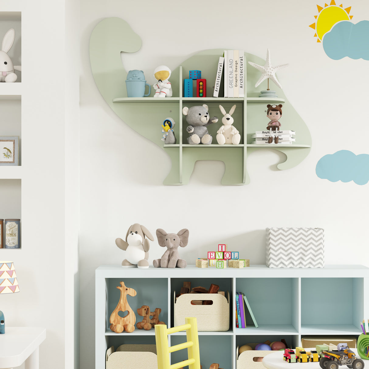 HONEY JOY Floating Dinosaur Kids Bookshelf, 2-Tier Wooden Hanging Bookcase for Children