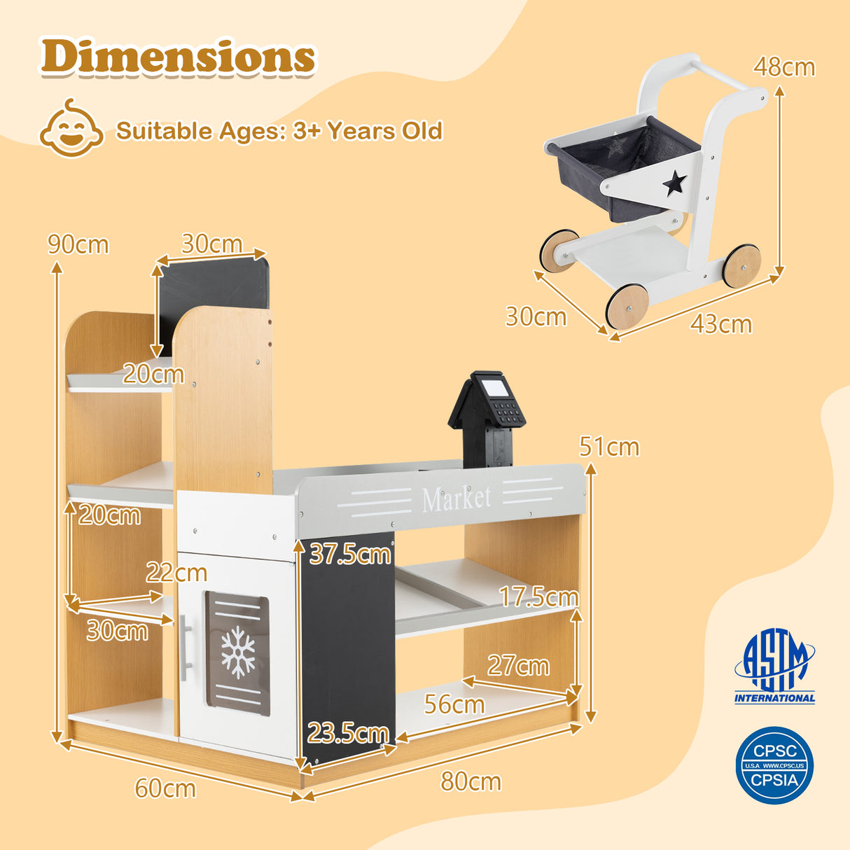 Pretend Play Grocery Store Set, Kids Market Stand with Shopping Cart, 2 Chalkboards & Cash Register