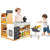 Pretend Play Grocery Store Set, Kids Market Stand with Shopping Cart, 2 Chalkboards & Cash Register