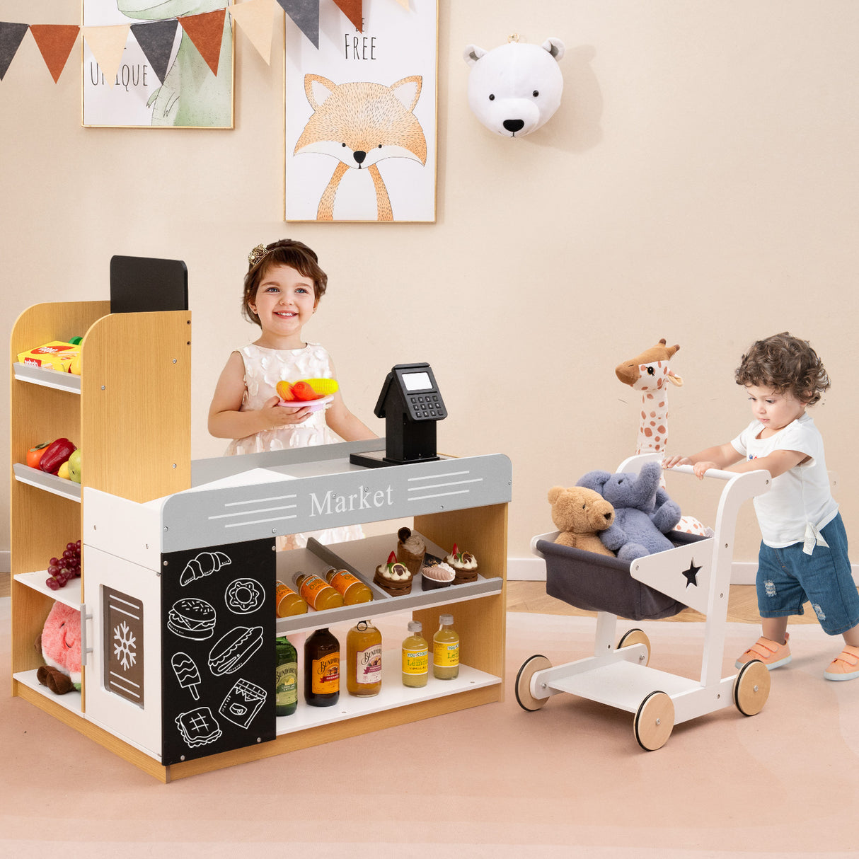 Pretend Play Grocery Store Set, Kids Market Stand with Shopping Cart, 2 Chalkboards & Cash Register