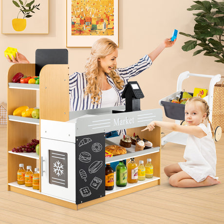 Pretend Play Grocery Store Set, Kids Market Stand with Shopping Cart, 2 Chalkboards & Cash Register