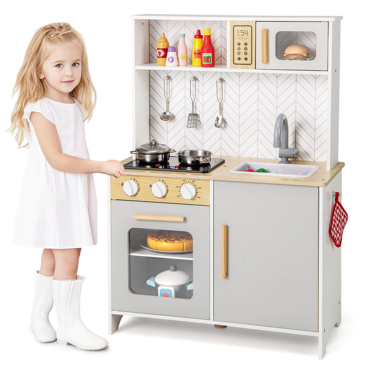 HONEY JOY Kids Kitchen Playset, Pretend Play Kitchen Set with Lights & Sounds, Stove