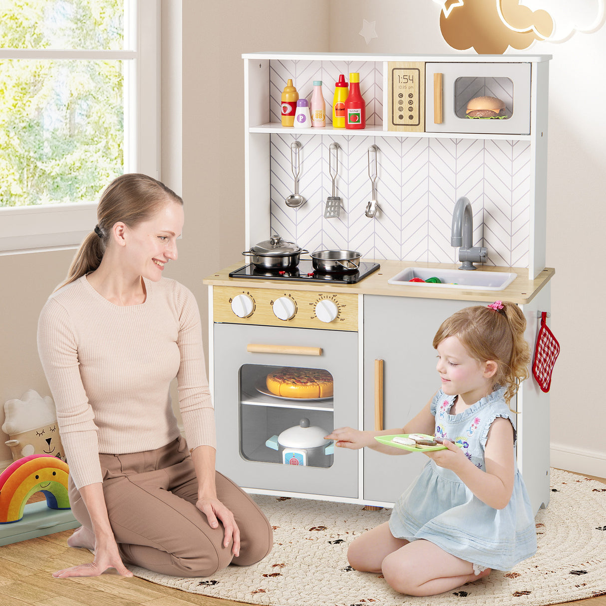 HONEY JOY Kids Kitchen Playset, Pretend Play Kitchen Set with Lights & Sounds, Stove