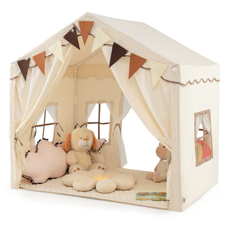 Kids Play Tent, 3-4 Kids Large Play Tent House w/2 Opening Doors, Star Lights & Plaid Pennants