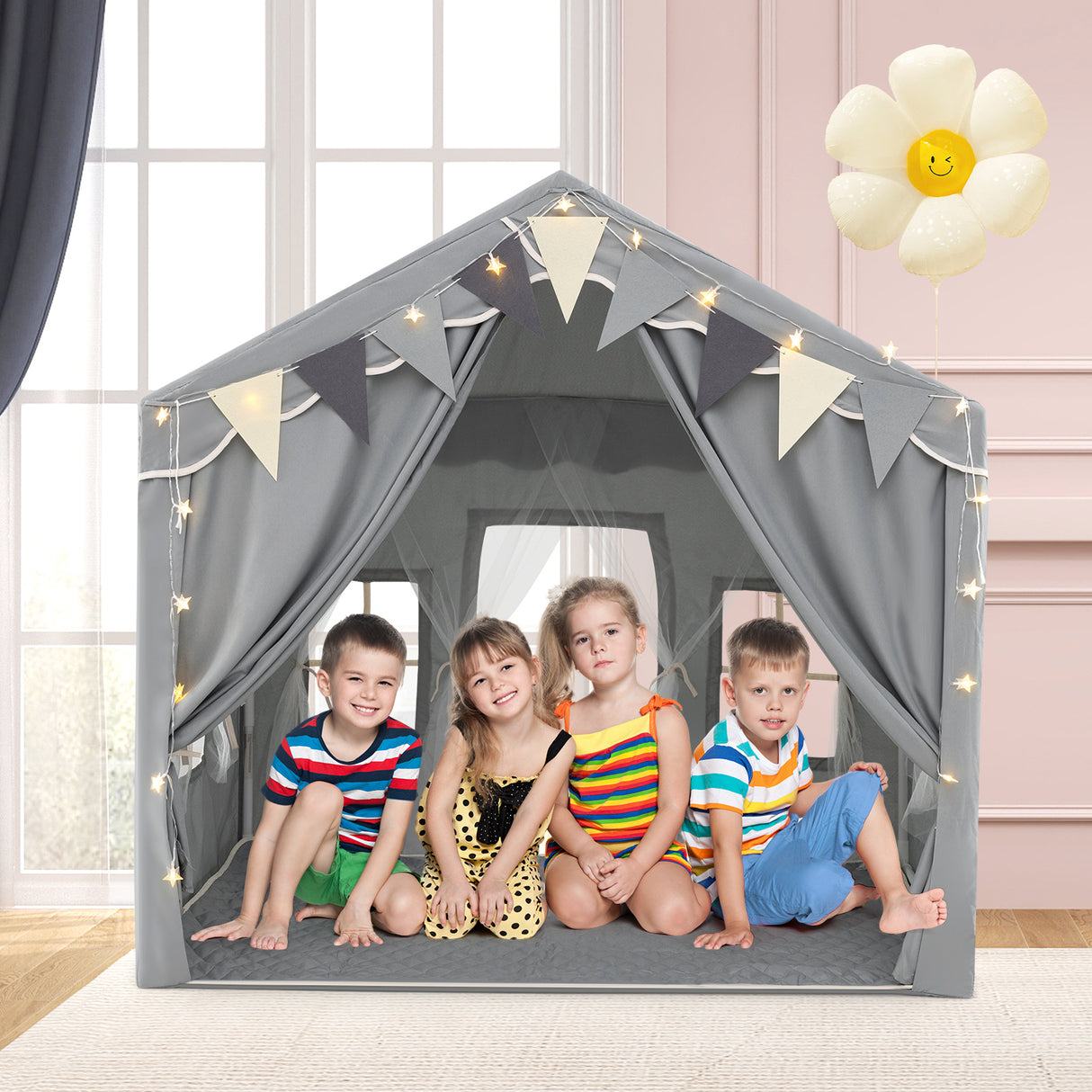 Kids Play Tent, 3-4 Kids Large Play Tent House w/2 Opening Doors, Star Lights & Plaid Pennants