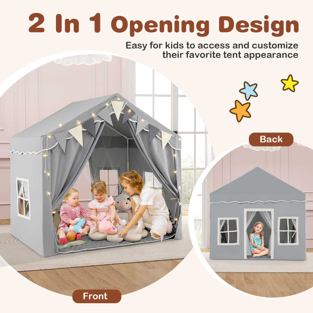 Kids Play Tent, 3-4 Kids Large Play Tent House w/2 Opening Doors, Star Lights & Plaid Pennants